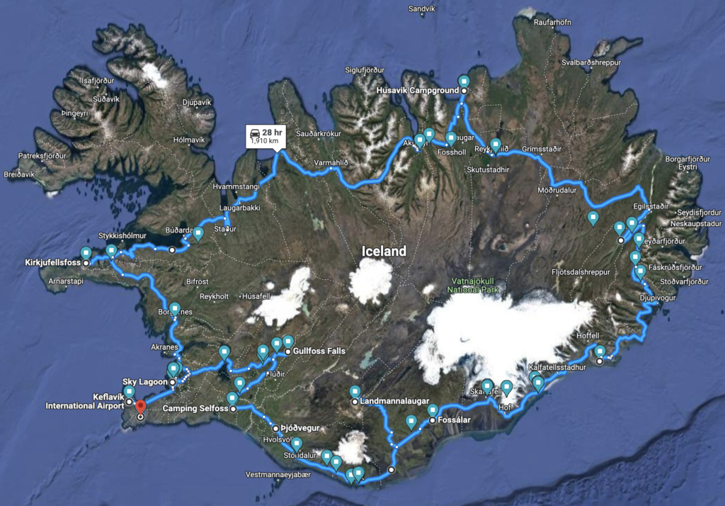 Map of Iceland and our applicable route
