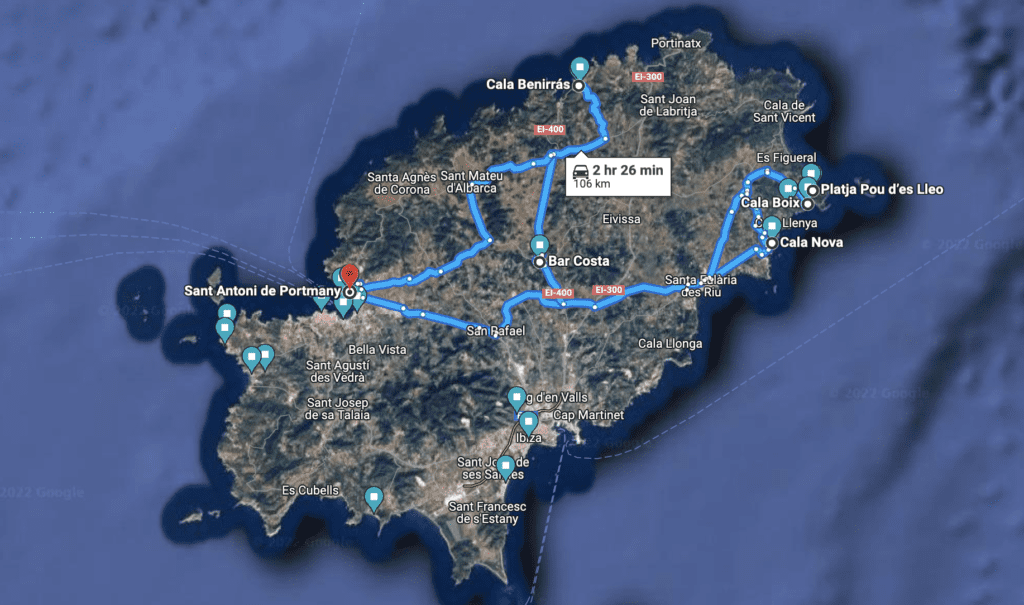 Map of Ibiza with highlighted beaches and restaurants and highlighted travel route showing our Ibiza day trip itinerary